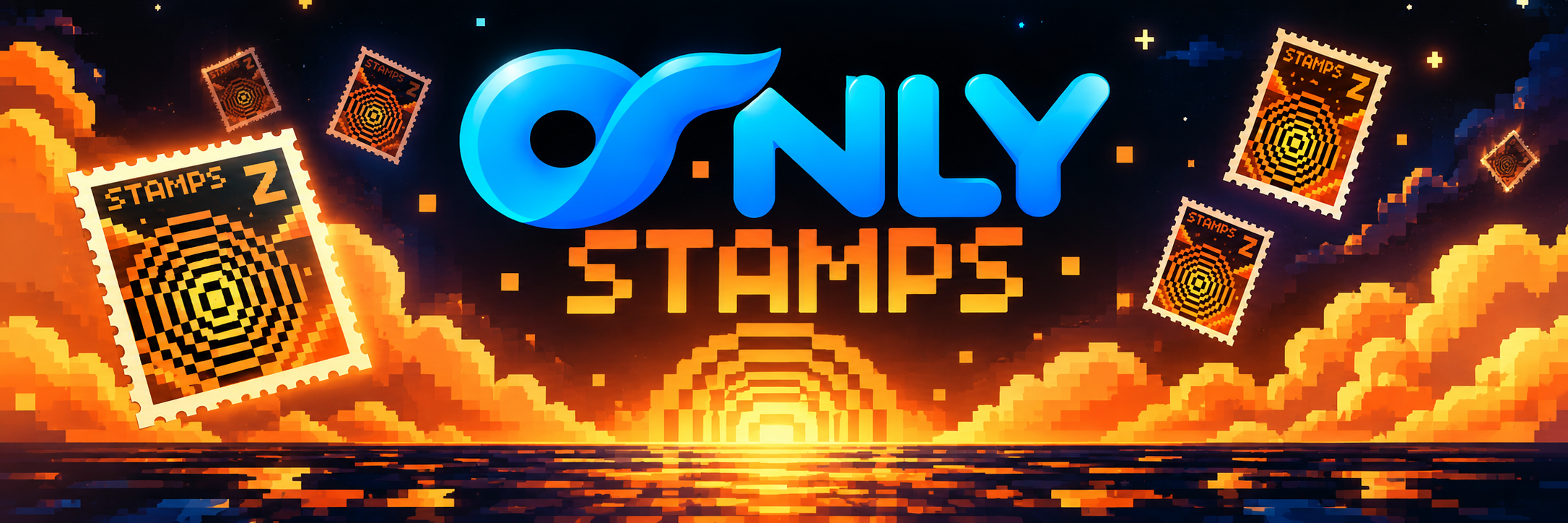 OnlyStamp banner: glossy blue ONLY wordmark over orange pixel STAMPS sunset with floating postage stamps